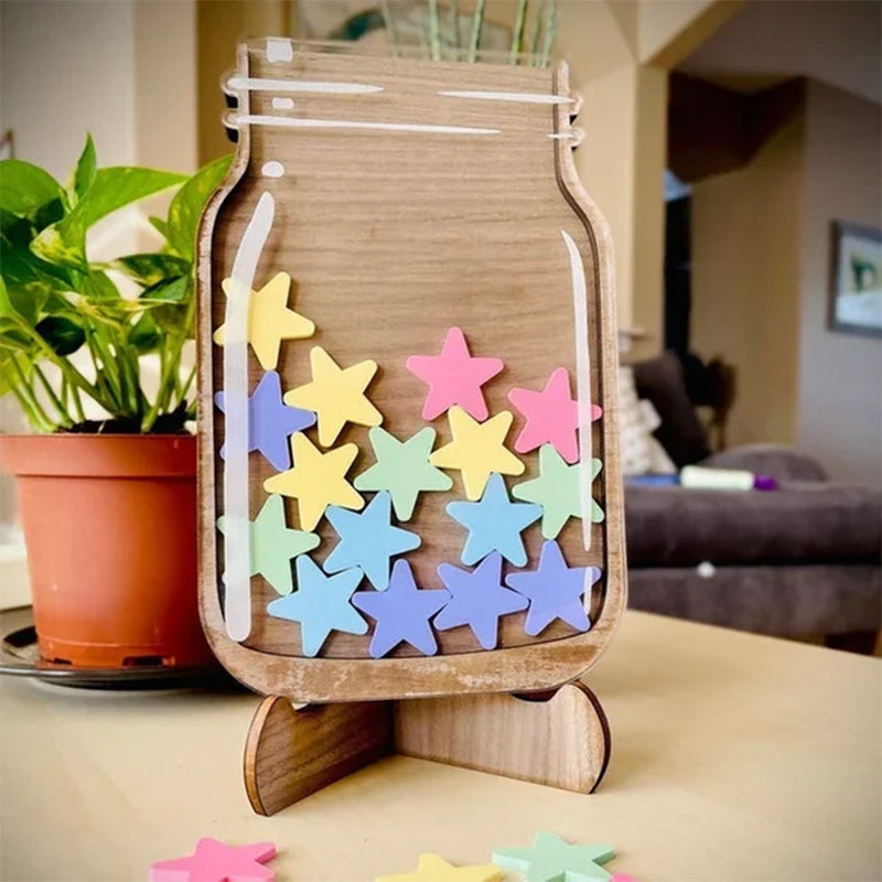 Bocal à Récompenses Pour Enfants En Bois Et Acrylique - Avec 100 Étoiles Colorées - Système De Motivation Éducatif