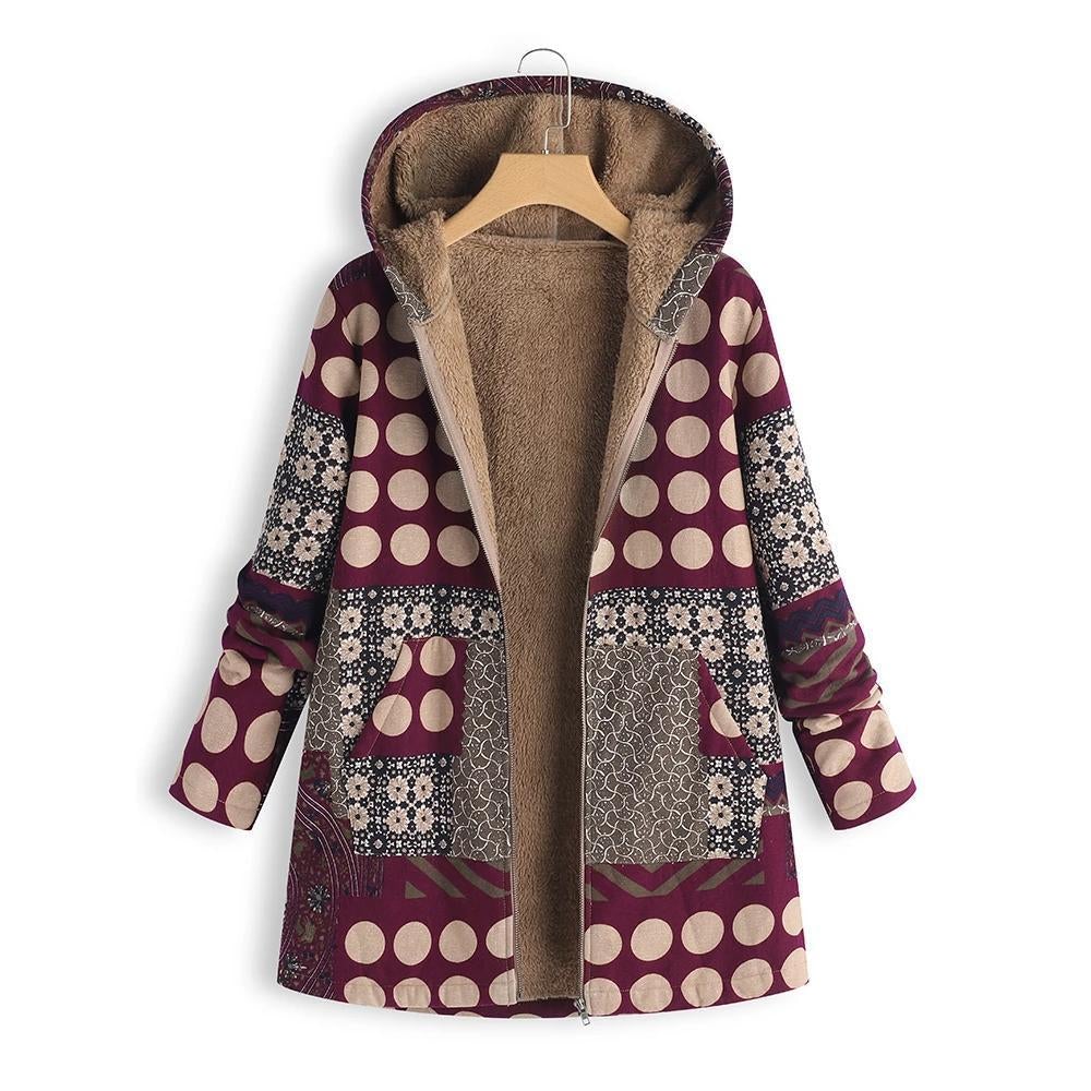 Manteau Vintage à Capuche Imprimée Dot Hiver Chaud